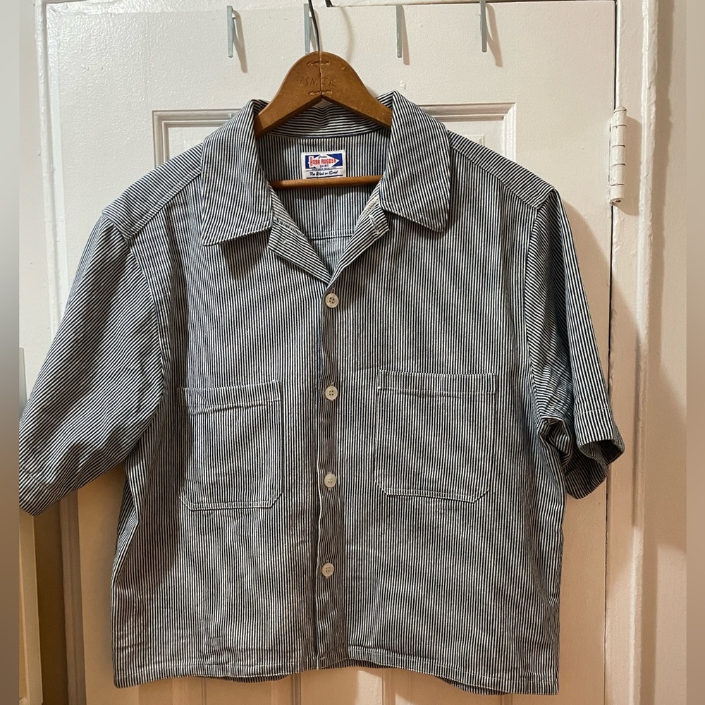 Cropped Dunn shirt by Rosa rugosa in Hickory Stripe. made in Canada.